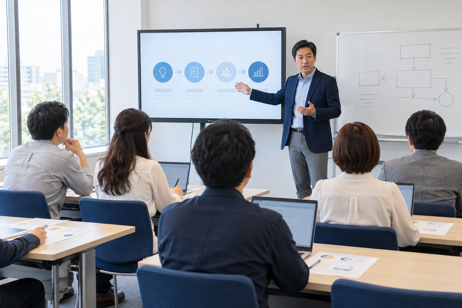 前方の講師が画面を使って説明し、受講者が聞いている研修風景